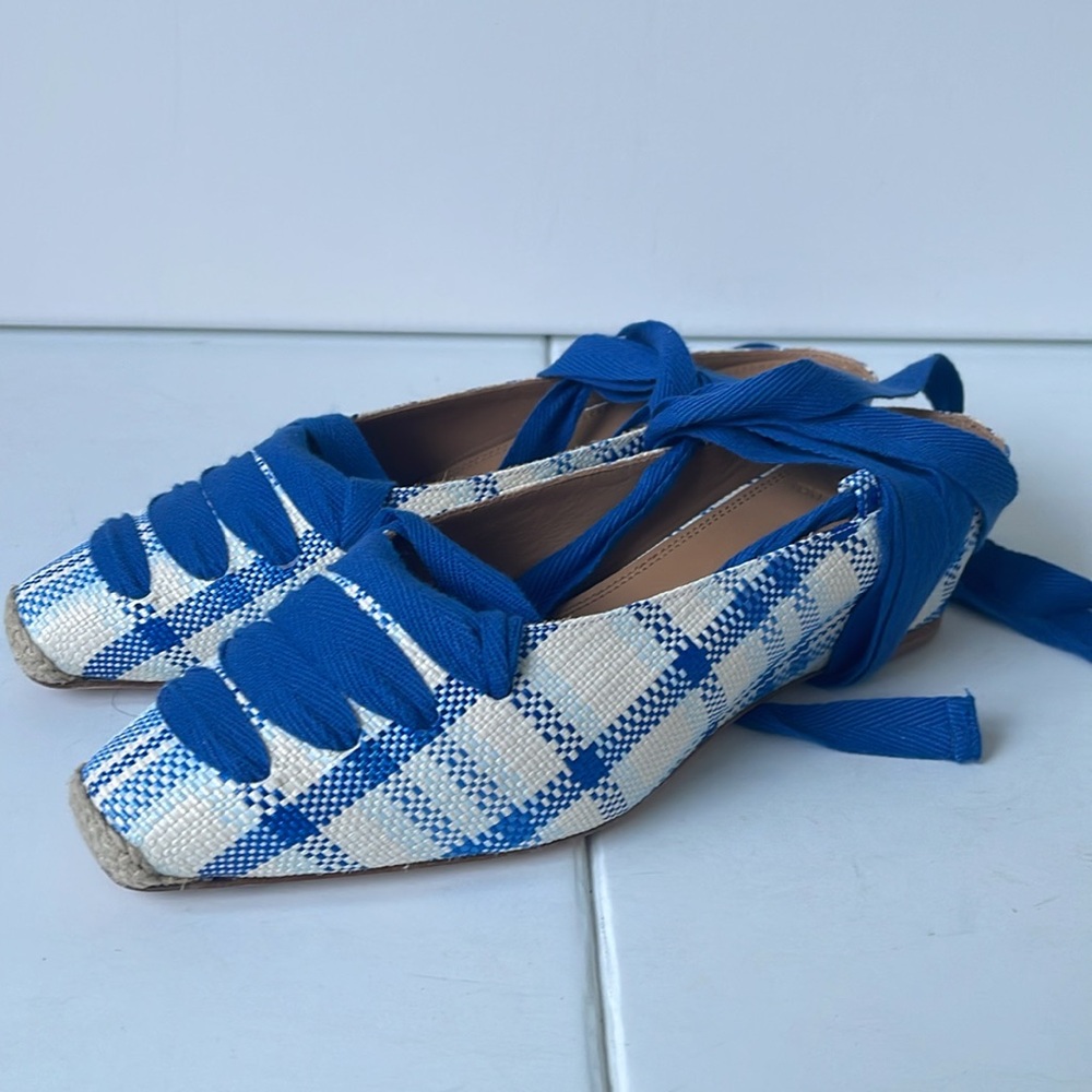 TORY BURCH Womens FLORENCE LACE-UP WEDGE  color blue check in plaid US 7M